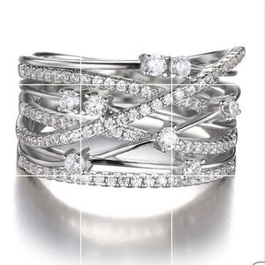 Silver Cubic Zirconia Wide Band Ring Fashion Cocktail Accent Statement Crossover